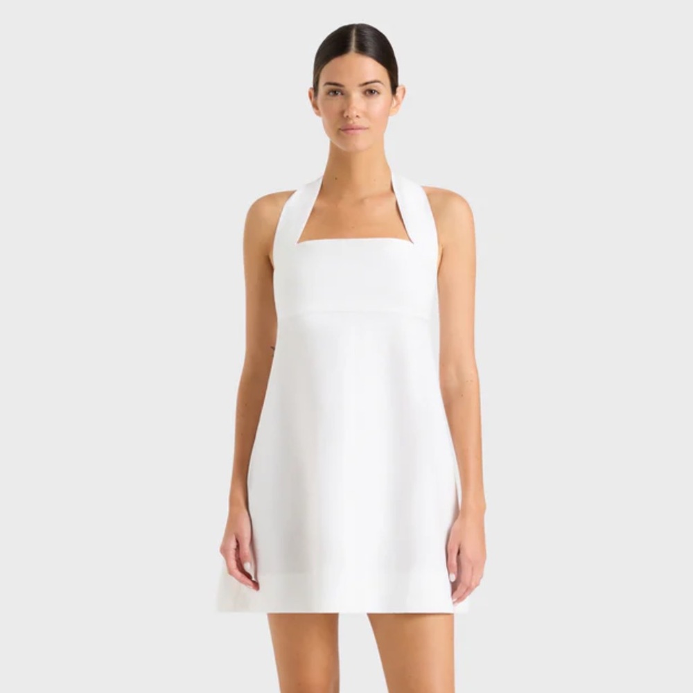 BONDI BORN DELPHI ORGANIC LINEN HALTER MINI DRESS - WHITE